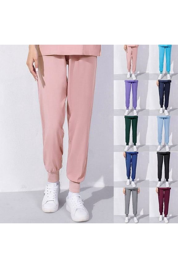 Scrub Pants for Women Jogger Pants Medical Uniform with Pockets Pink L
