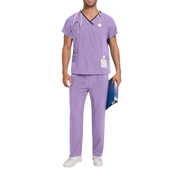 BXINGOHAI Scrubs Medical Uniform Unisex Women and Men V-Neck Top and Pants Set Purple,2XL
