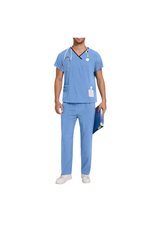Scrubs Medical Uniform Unisex Women and Men V-Neck Top and Pants Set Today Sky Blue,XL