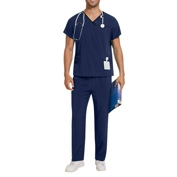 BXINGOHAI Scrubs Medical Uniform Unisex Women and Men V-Neck Top and Pants Set Today Sales Dark Blue,L