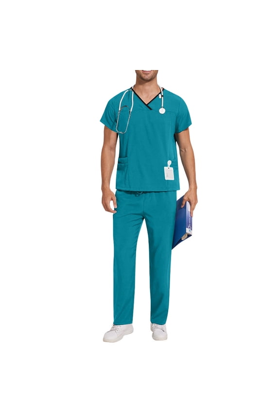 Scrubs Medical Uniform Unisex Women and Men V-Neck Top and Pants Set Today Sales Light Blue,M