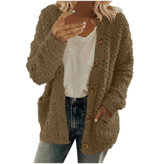 BXINGOHAI Sherpa Jacket for Women Open Front Fleece Jackets Long Sleeve Button Coats Fuzzy Winter Cardigan Outerwear With Pockets Brown,S