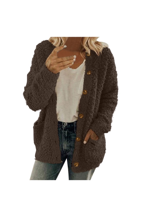 Sherpa Jacket for Women Open Front Fleece Jackets Long Sleeve Button Coats Fuzzy Winter Cardigan Outerwear With Pockets Khaki,XL