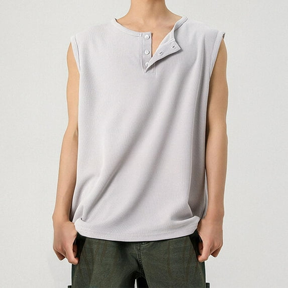 BXINGOHAI Sleeveless Beach Shirts for Men Summer Casual Tank Top Button Down Henley T-Shirts Today Gray,XL