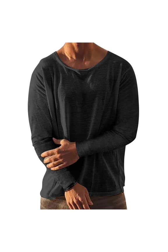 Solid T-Shirts for Men Casual Long Sleeves Pullover Shirts Fall Crewneck Tops Lightweight Loose Fit Basic Shirt Outdoor Travel Clothes Today Sales Black,L