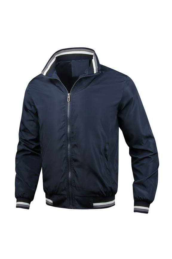 Stand Collar Jakcets for Men Full Zip Long Sleeved Jacket Fall Winter Windbreaker Outwear Outdoor Sportswear Coats With Zip Pockets Navy,XL