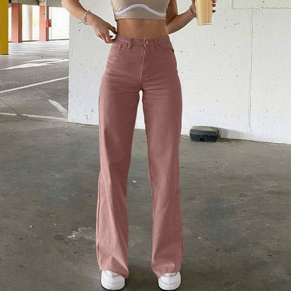 BXINGOHAI Straight Leg Jeans for Women High Waisted Stretchy Frayed Raw Hem Loose Denim Pants Casual Baggy Jean Trousers Pink L