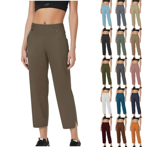 BXINGOHAI Stretch Active Pants for Women Soft Elastic Waist Capri Yoga Pants Lightweight Pull On Wide Leg Leggings with Pockets Black S
