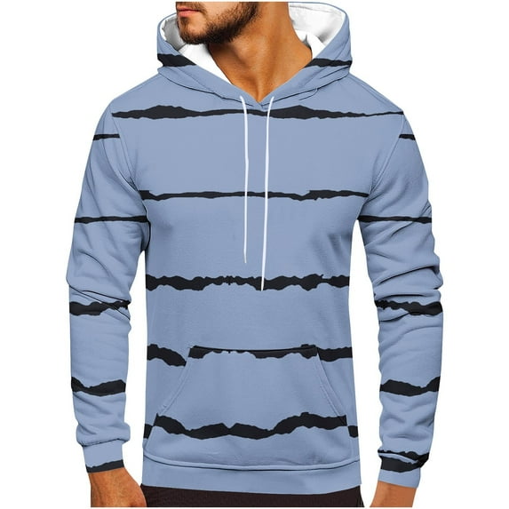 BXINGOHAI Stripe Hoodies Sweatshirts for Men Thin Fleece Pullover Sweatshirt Big and Tall Long Sleeved Hooded Athletic Jogging Tops With Pockets Drawstring Today Blue,S