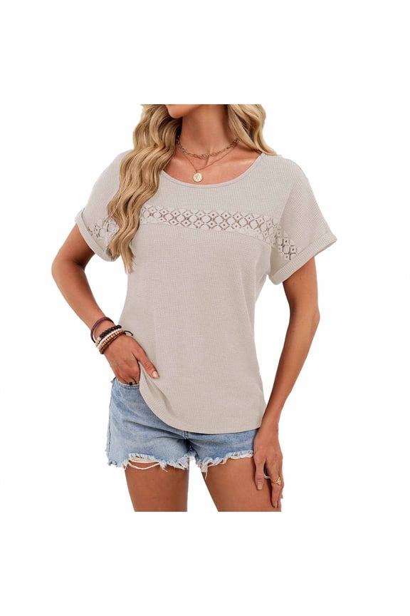 Summer Tops for Women Trendy Rolled Short Sleeve Shirts Waffle Knit Crew Neck Tops Curved Hem Fashion Clothing Beige L