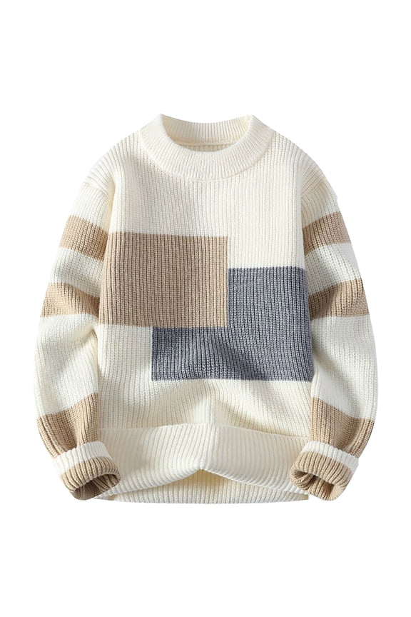 Sweater for Men Fall Fashion Comfy Lounge Casual Striped Loose Knit Sweater Crewneck Long Sleeve pullover tops White,S