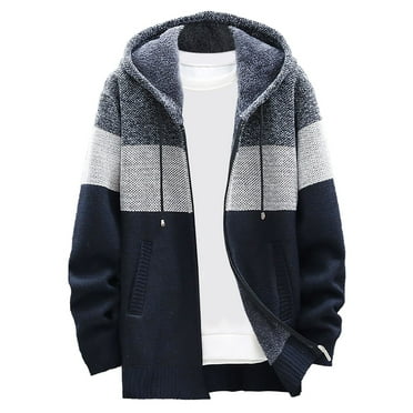 BXINGOHAI Sweaters for Men, Hooded Stripes and Padded Warm Cardigan Knitted Jacket Coat Mens Long Sleeve Tops Mens Sweaters Today Deals Navy,XL