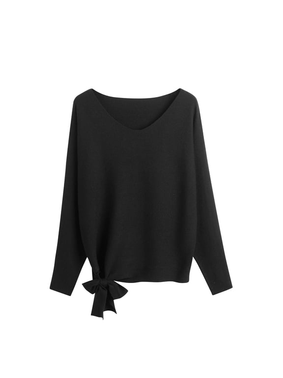 Sweaters for Women Solid V-Neck Sweater With Loose Drawstring Pullover Casual Knitted Sweater 2024 New Product Today Sales Black,Free Size