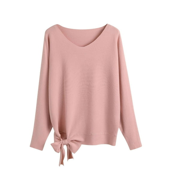 BXINGOHAI Sweaters for Women Solid V-Neck Sweater With Loose Drawstring Pullover Casual Knitted Sweater 2024 New Product Today Pink,Free Size