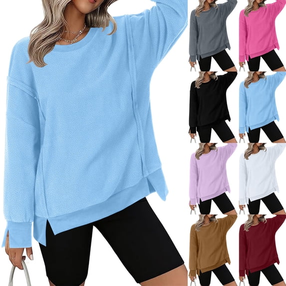 BXINGOHAI Sweatshirt for Women Crewneck Long Sleeve Side Split Tops Casual Solid Color Loose Pullover Shirts Clothes Purple 2XL