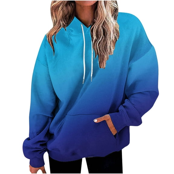 BXINGOHAI Sweatshirts for Women Crewneck Gradient Color Graphic Sweatshirt Casual Baggy Round Neck Hooded Pullover Drawstring Sweatshirts Hoodies Today Sales Blue,S