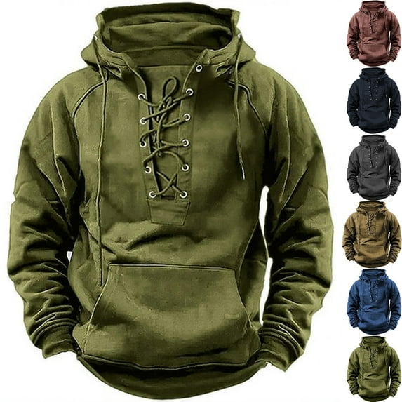 BXINGOHAI Tactical Hoodies for Men Lace Up Pullover Outdoor Workout Hoodie Vintage Hooded Sweatshirts with Pockets Today Sales Khaki,3XL