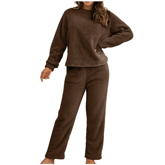 BXINGOHAI Thermal Fleece 2 Piece Sets for Women fall Winter Solid sweater Casual Comfy Long Sleeve Shirts and Pants 2024 daily outfits Coffee,S