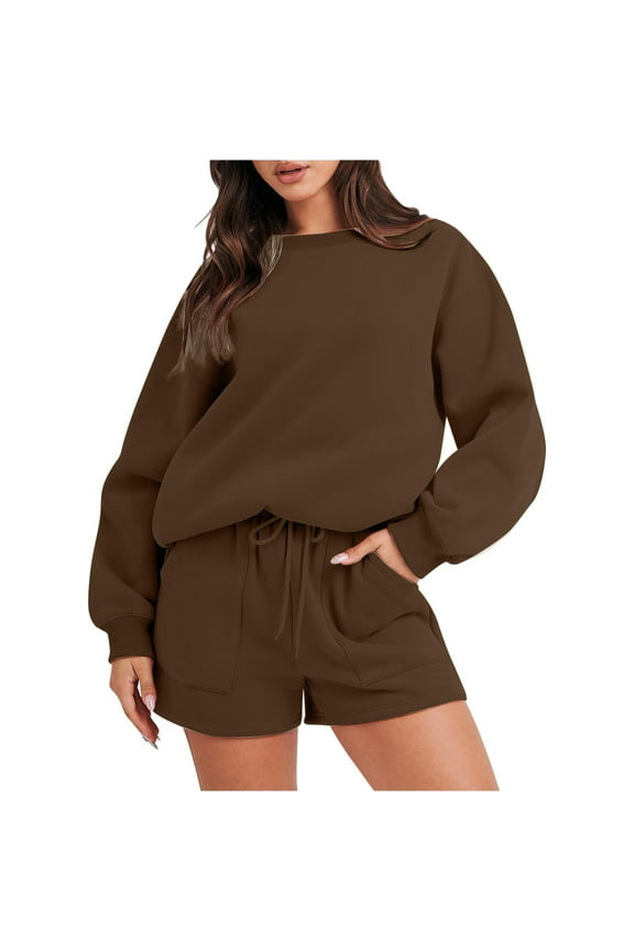 Thin Fleece 2 piece Sweatsuit for Women solid pullover sets Long Sleeve Crewneck Sweatshirt and Shorts Matching Set 2024 casual Fall Clothes Sale Brown,S