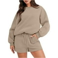 thumbnail image 1 of BXINGOHAI Thin Fleece 2 piece Sweatsuit for Women solid pullover sets Long Sleeve Crewneck Sweatshirt and Shorts Matching Set 2025 casual Fall Clothes Khaki,S, 1 of 6