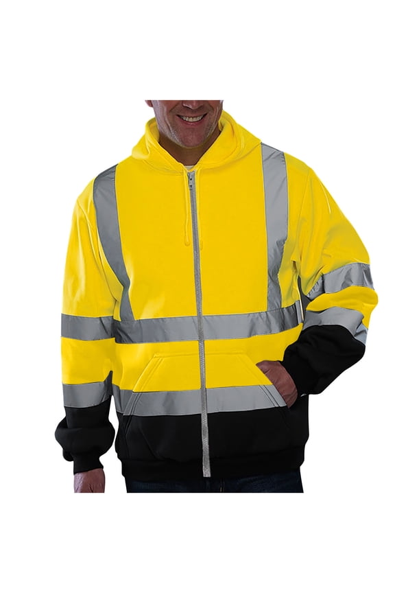 Thin Fleece Hoodies For Men High Visibility Safety Reflective Hooded Full Zip Fall Winter Shirts With Kangaroo Pocket Outdoor Workout Tops Today Yellow,XXXL
