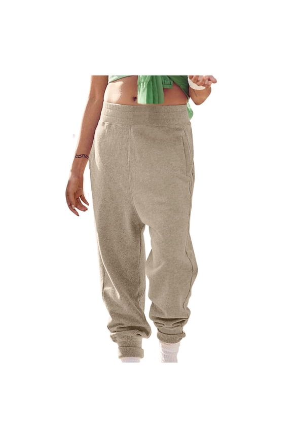 Thin Fleece Sweatpants for Women Casual Elastic Waist Jogger Pants Fall Winter Sweatpant Tapered Pant Khaki,L