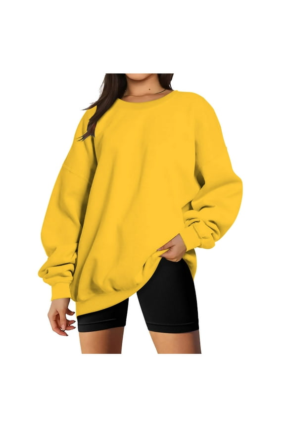 Thin Fleece Sweatshirts for Women Loose Fit Crewneck Shirts Solid Basic Tunic Tops Loungwear Daily Sweatshirt Under $10 Yellow,M