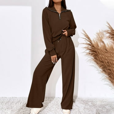 BXINGOHAI Thin Fleece Sweatsuit for Women 1/4 Zip Up Solid Outfits Long Sleeve Lapel Sweatshirt and loose fit Pants Matching Set Today Sales Brown,XL