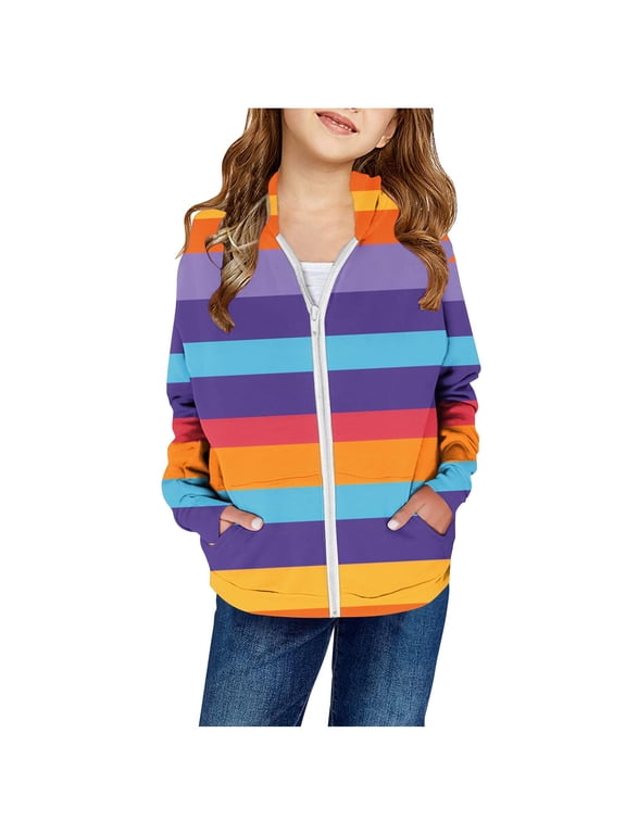 Toddler Kid Girl Hooded Jacket Fashion Rainbow Stripes Sweatshirts Coat Tops Full Zip Hoodie Outerwear Purple,4 Years