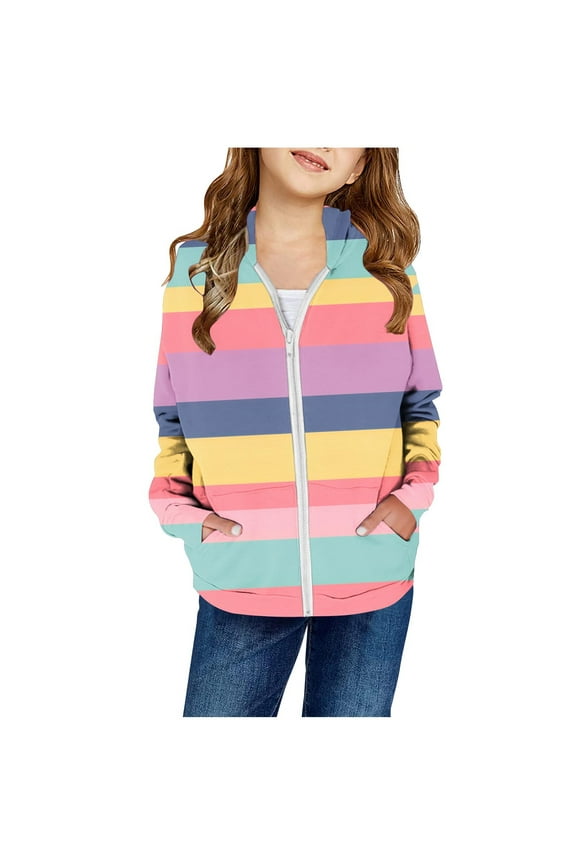 Toddler Kid Girl Hooded Jacket Fashion Rainbow Stripes Sweatshirts Coat Tops Full Zip Hoodie Outerwear Yellow,4 Years