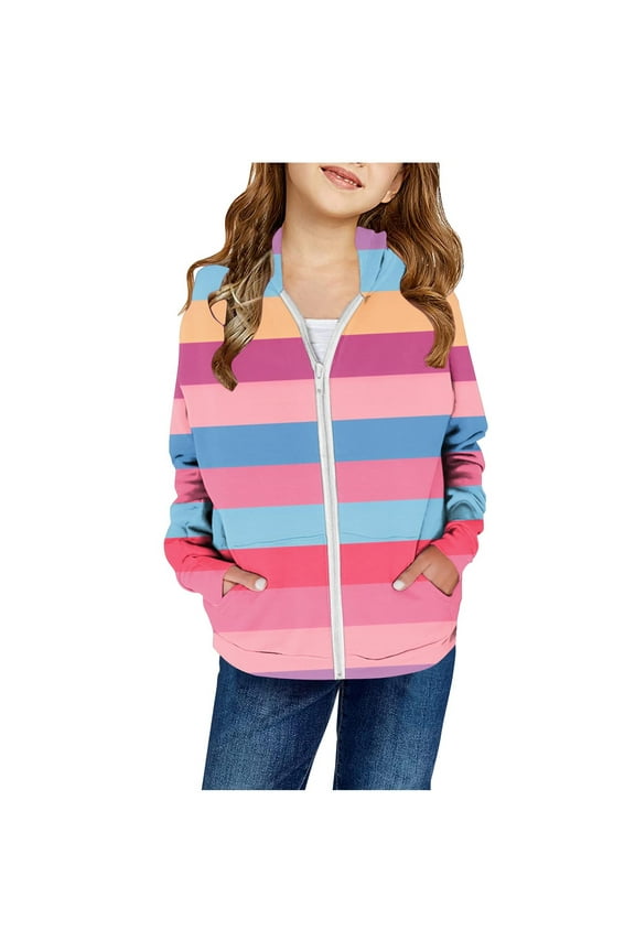 Toddler Kid Girl Hooded Jacket Fashion Rainbow Stripes Sweatshirts Coat Tops Full Zip Hoodie Outerwear Today Sales Pink,3 Years