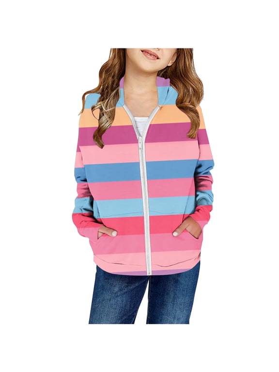 Toddler Kid Girl Hooded Jacket Fashion Rainbow Stripes Sweatshirts Coat Tops Full Zip Hoodie Outerwear Today Sales Pink,9 Years