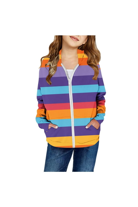 Toddler Kid Girl Hooded Jacket Fashion Rainbow Stripes Sweatshirts Coat Tops Full Zip Hoodie Outerwear Today Sales Purple,9 Years