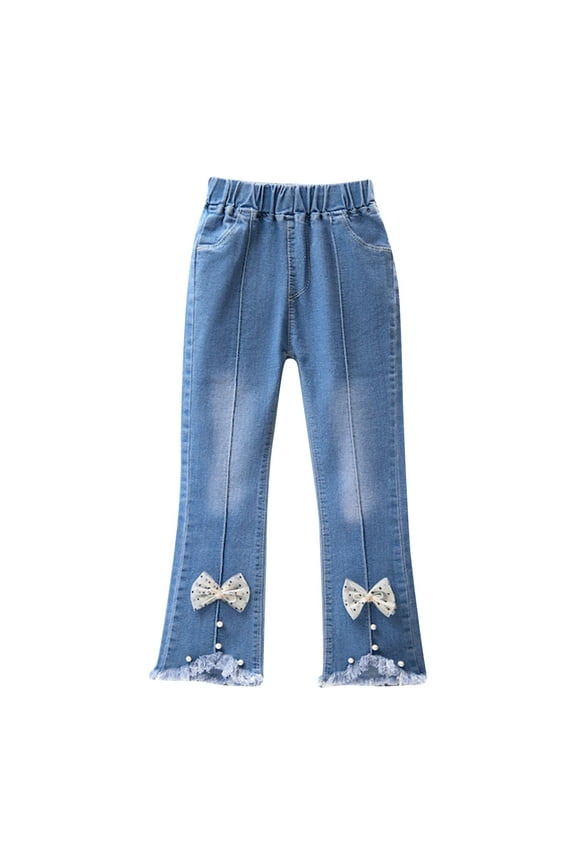Toddler Little Kids Girls Jeans Fashion Embroidery Denim Pants Bow Flared Pants Elastic Waist Wide Leg Trousers under 5 Beige,5-6Years