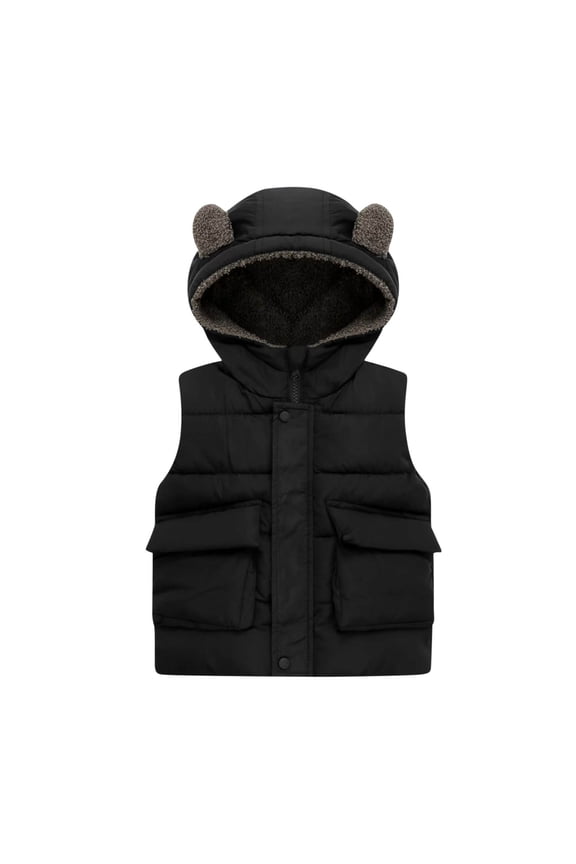 Toddler Puffer Vest Kids Baby Boys Girls Fashion Solid Padded Jacket Windproof Hooded Coat With Cute Ears and Pockets Black,120