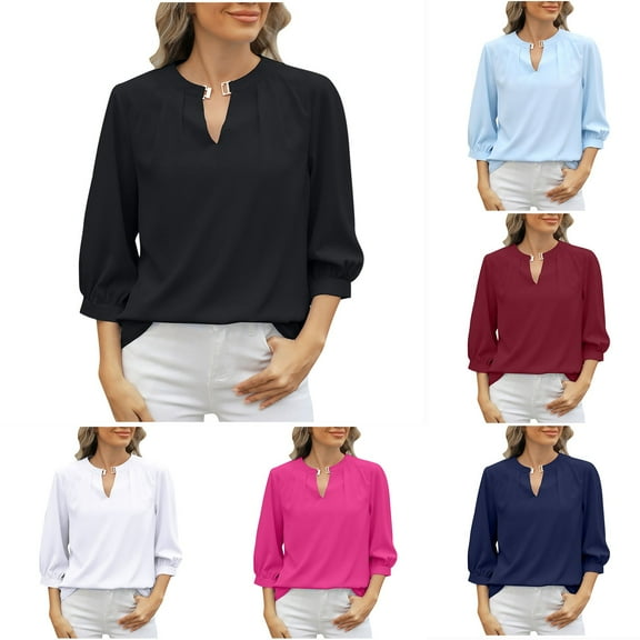 BXINGOHAI Tops for Women Trendy Casual Basic T Shirts Lightwight 3/4 Sleeve Solid V Neck Tees Blouses Today Sales XL