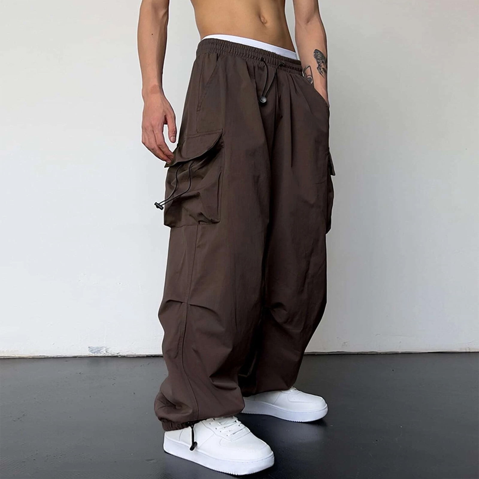 BXINGOHAI Trends Baggy Cargo Pants Men Wide Casual Parachute Pants Men Jogger Drawstring Hiking Hip Hop Pants with Pocket Today Brown,2XL
