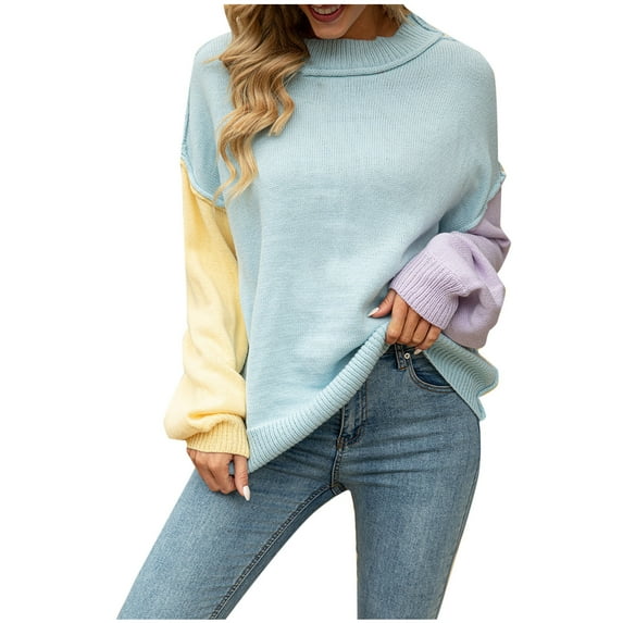 BXINGOHAI Trendy Sweaters for Women Patchwork Long Sleeve Pullover Shirts Loose Fit Crewneck Sweater 2024 Outdoor Daily Tops Blue,M