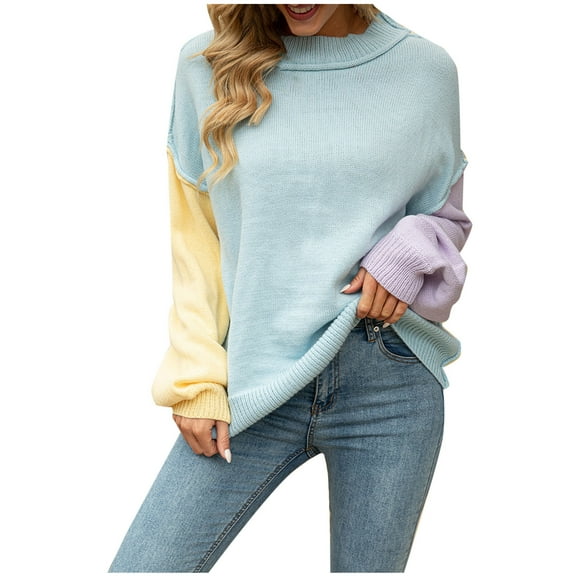 BXINGOHAI Trendy Sweaters for Women Patchwork Long Sleeve Pullover Shirts Loose Fit Crewneck Sweater 2024 Outdoor Daily Tops Today Blue,XL
