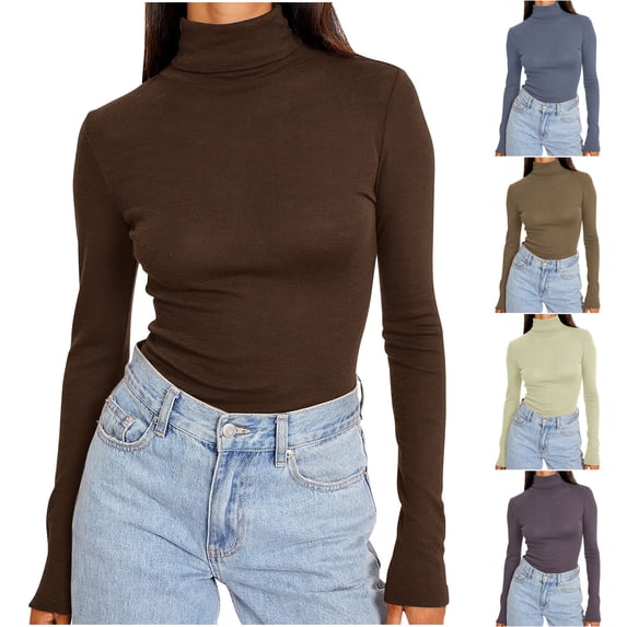 BXINGOHAI Turtleneck Shirt Women Long Sleeve Mock Neck Slim Fit Tops Base Layer Soft Lightweight Stretch Undershirts Coffee XL