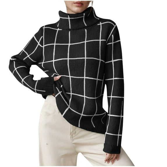 BXINGOHAI Turtleneck Sweaters for Women Fashion Plaid Long Sleeve Pullover Tops Fall Winter Sweater 2024 Leisure Shirts Black,L
