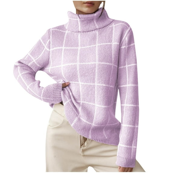 BXINGOHAI Turtleneck Sweaters for Women Fashion Plaid Long Sleeve Pullover Tops Fall Winter Sweater 2024 Leisure Shirts Today Sales Purple,L