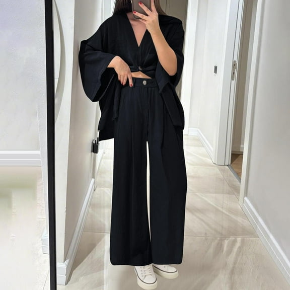 BXINGOHAI Two Piece Linen Sets for Women Pants Casual Dressy Outfit Crop Wide Leg Pants Sets Matching Loungewear Black M