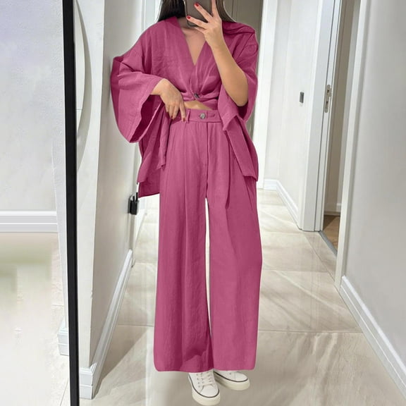 BXINGOHAI Two Piece Linen Sets for Women Pants Casual Dressy Outfit Crop Wide Leg Pants Sets Matching Loungewear Hot Pink M