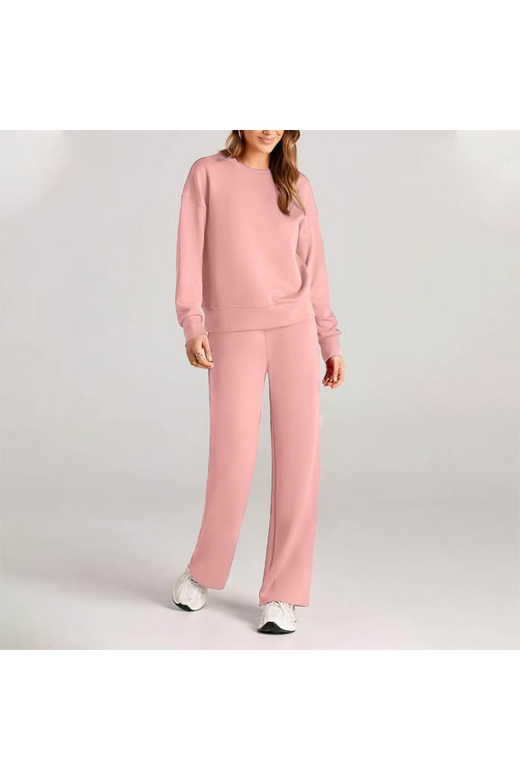 Two Piece Sets for Women Casual Solid Long Sleeve Pullover Top Loose Fit Sweatpants Womens Travel Outfits Lounge Set Pink,S