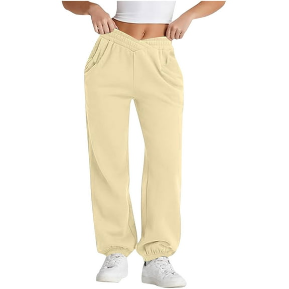 BXINGOHAI V Cross Waist Joggers for Women,Women's High Waisted Sweatpants Workout Active Jogger Pants Baggy Lounge Trousers With Pockets Beige,XXL