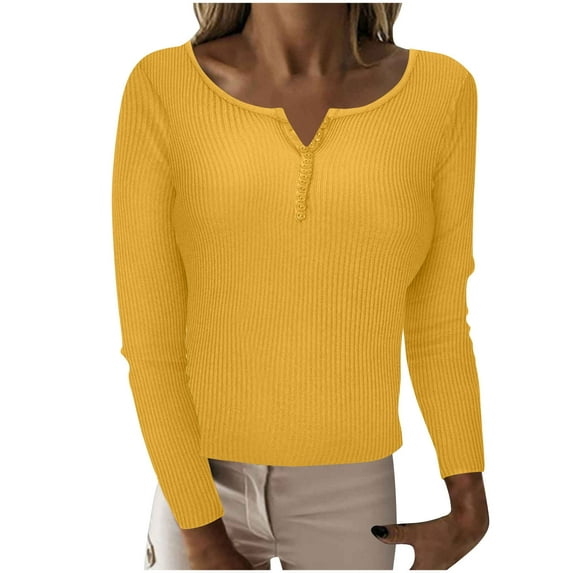 BXINGOHAI V Neck Pullover Sweater for Women Solid Long Sleeve Pullover Shirts 2024 Fall Winter Pullover Tops Today Yellow,M