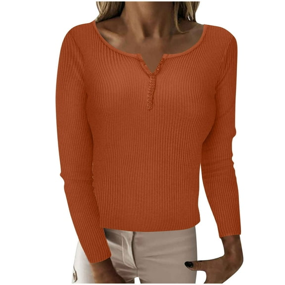 BXINGOHAI V Neck Pullover Sweater for Women Solid Long Sleeve Pullover Shirts 2024 Fall Winter Pullover Tops Today Sales Brown,S