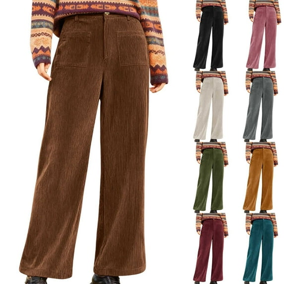 BXINGOHAI Vintage Corduroy Pants Women Dressy Casual Straight Leg Pants with Pockets Fall Comfortable High Waist Work Trousers Army Green L