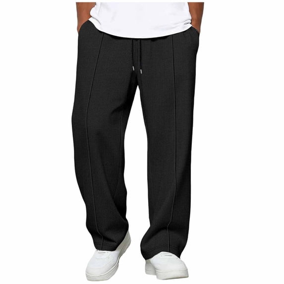BXINGOHAI Waffle Baggy Sweatpants Men Casual Drawstring Wide Leg Track Pants with Pockets Trendy Loose Fit Sweat Pants Black,S